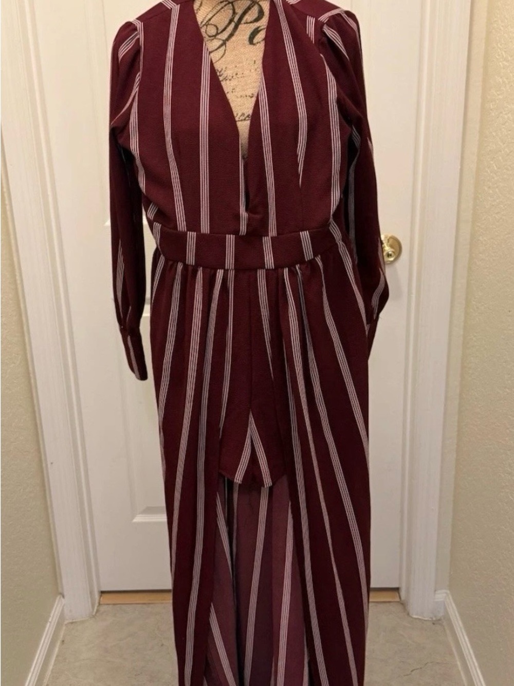 Socialite Women’s M Burgundy Striped Maxi Romper Overlay Dress